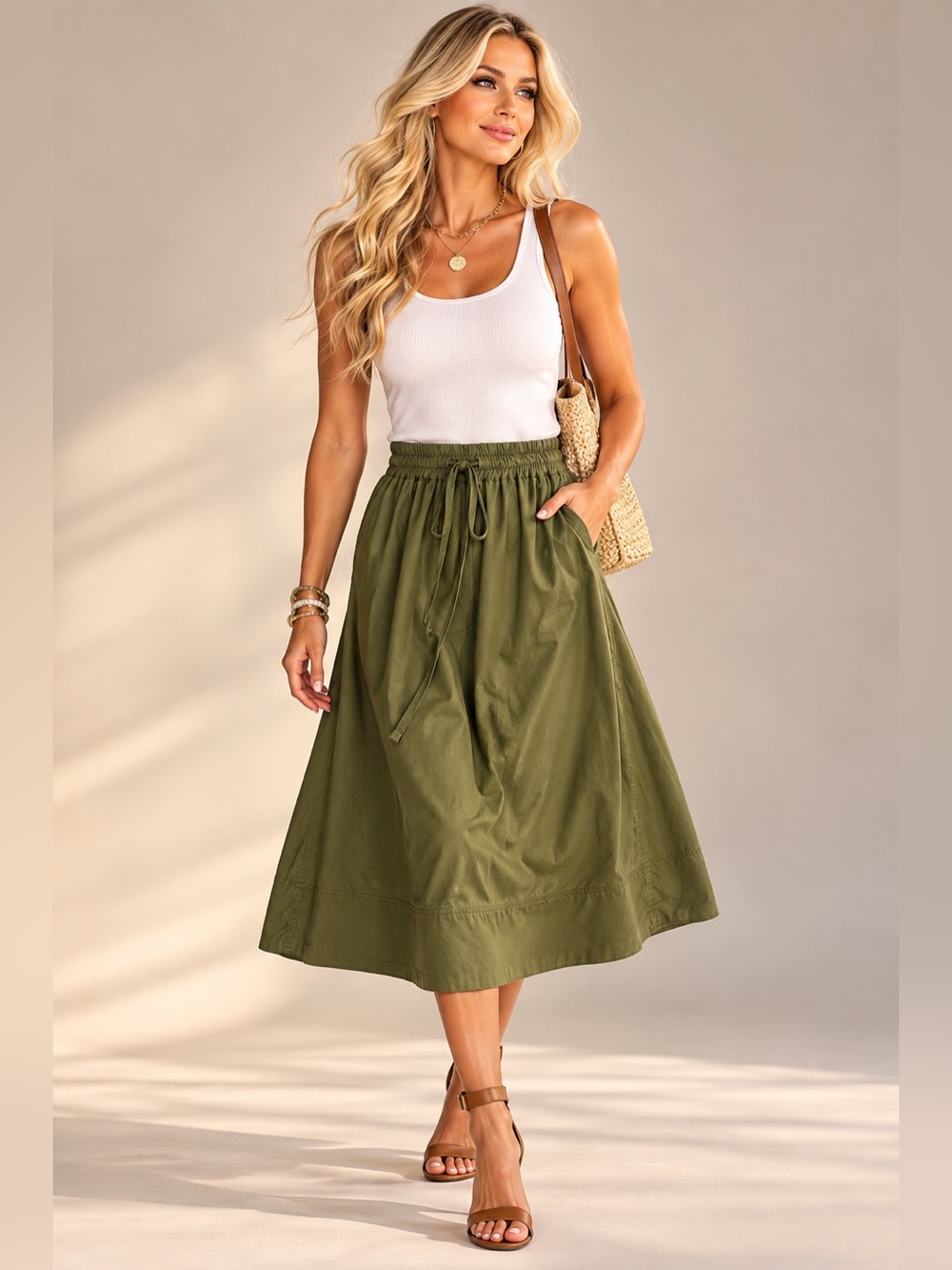 Madewell Olive Green Cotton Drawstring Pull-On Midi Skirt Size Small